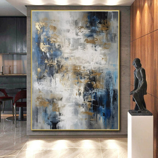 Cool Abstract Paintings Blue, Gray, and Gold Textured Abstract Art HS746