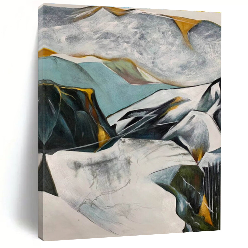 Hand-Painted Teal, Gray & Yellow Abstract Mountain Landscape Art HS401