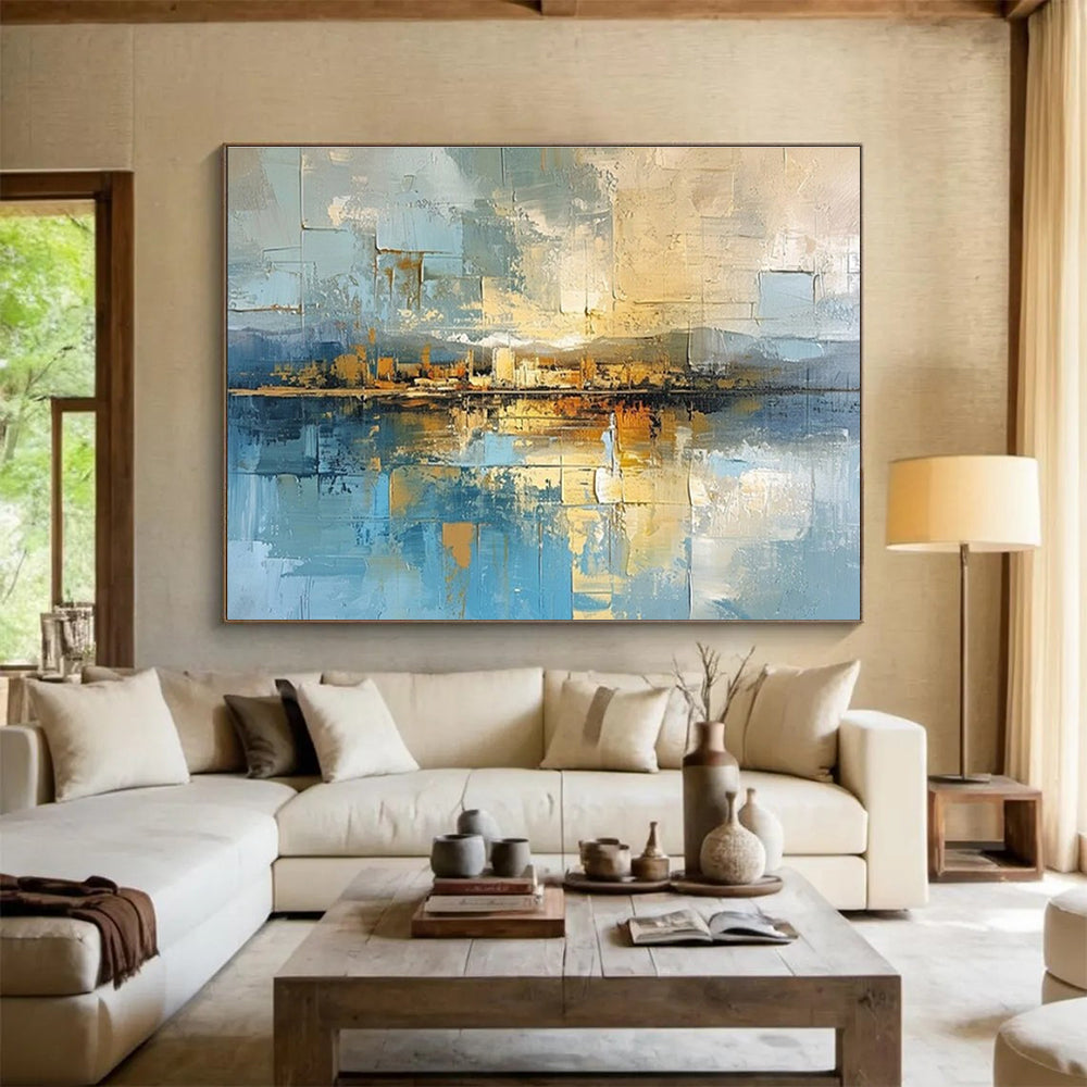 Blue, Beige, Gold Abstract Cityscape Reflection Art For Sale WB381
