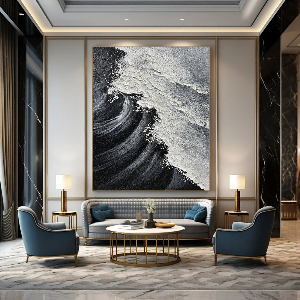 Black and White Textured Wave Abstract Painting For Sale WS506