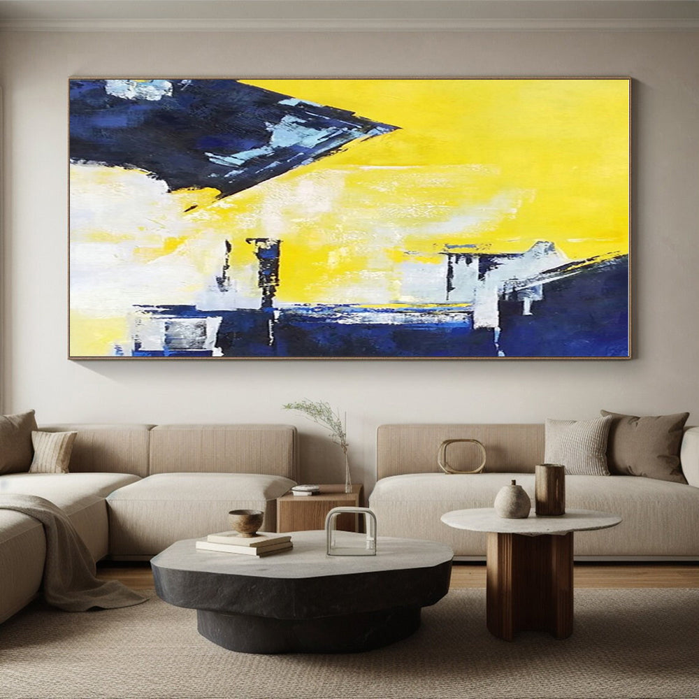 Unique Abstract Art Yellow & Blue Geometric Abstract, Large Contemporary Wall Art HS353