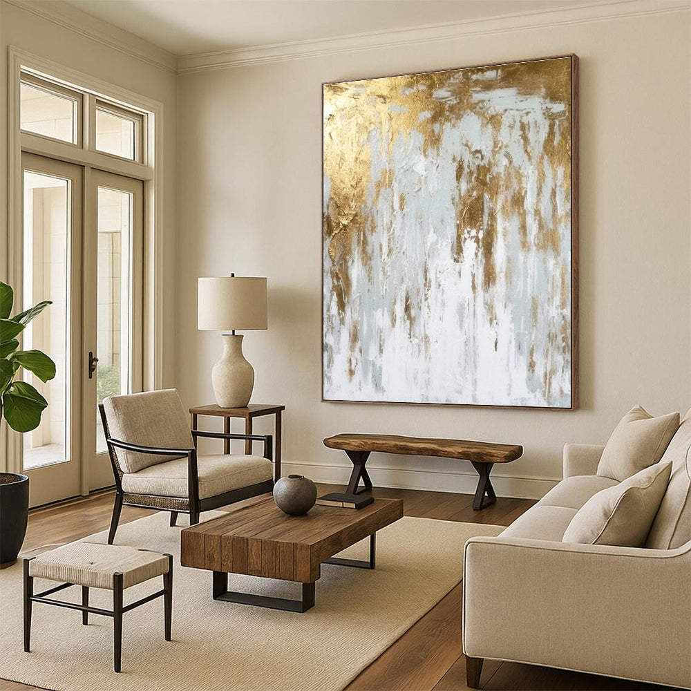 Handmade Art Gold, Gray, and White Textured Abstract Art HS666