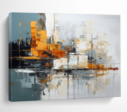 Oversized Canvas Art Gray, Orange, and White Abstract Cityscape, Abstract Acrylic Painting WB164