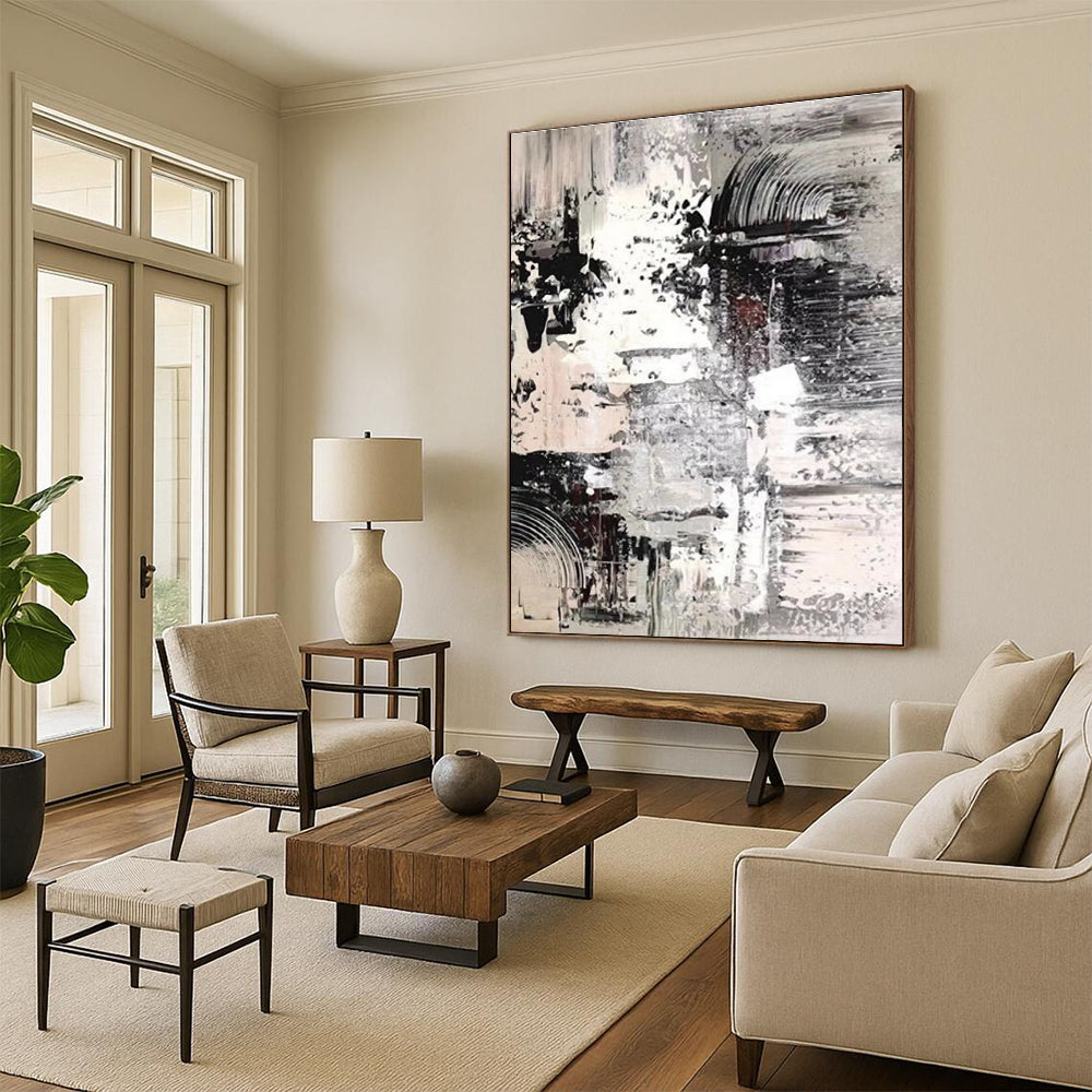 Unique Abstract Art Gray & White Textured Abstract, Large Contemporary Wall Art HS272