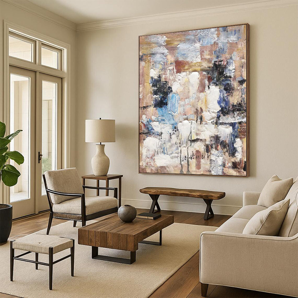 Hand-Painted Multicolor Abstract Textured Cityscape Painting For Sale HS061