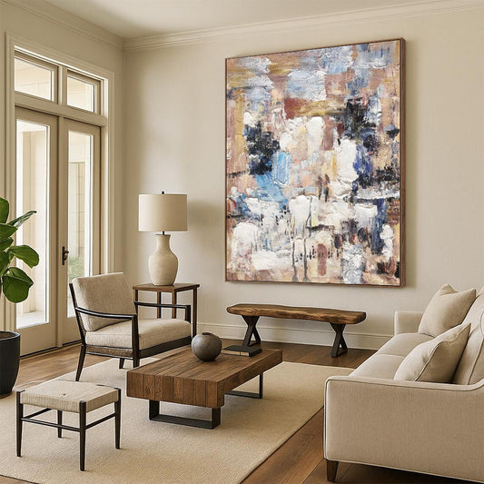 Hand-Painted Multicolor Abstract Textured Cityscape Painting For Sale HS061