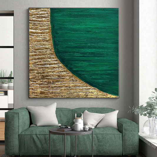 Hand-Painted Green and Gold Abstract Textured Shape Painting For Sale HS048