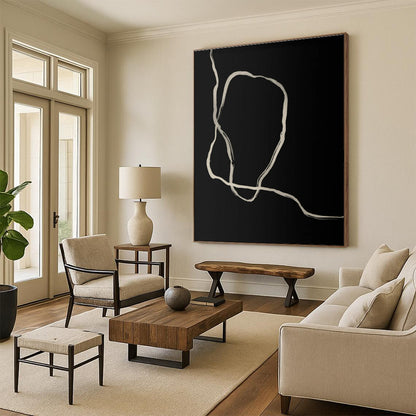 Handmade Art Black & Beige Line Abstract, Minimalist Canvas Art HS412