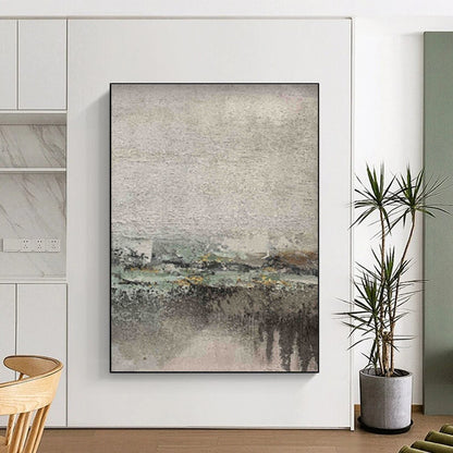 Gray, Green, and Yellow Textured Abstract Landscape Painting For Sale Online WS472