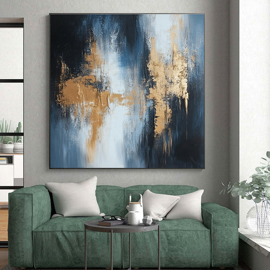 Large Size Blue, Black, and Gold Abstract Textured Painting For Sale HS115
