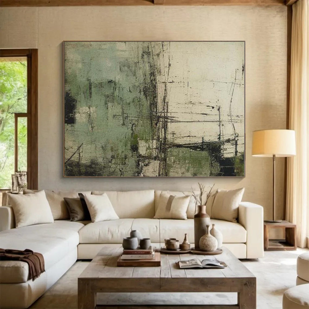 Unique Abstract Art Green & Beige Textured Abstract, Large Contemporary Wall Art HS336