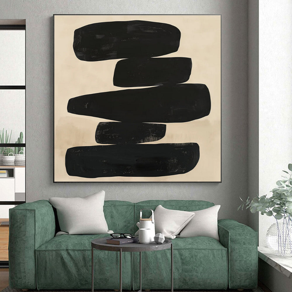 Big Painting Black & Beige Abstract Stacked Shapes Art HS375