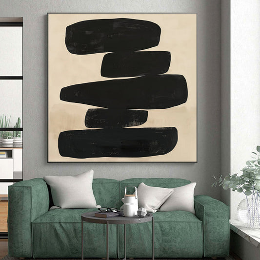 Big Painting Black & Beige Abstract Stacked Shapes Art HS375