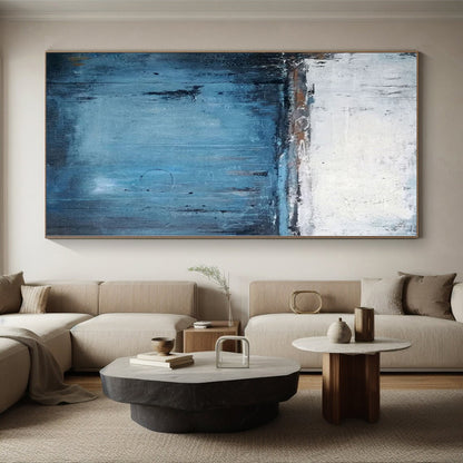 Large Size Blue and White Abstract Dripping Seaside Painting For Sale HS094