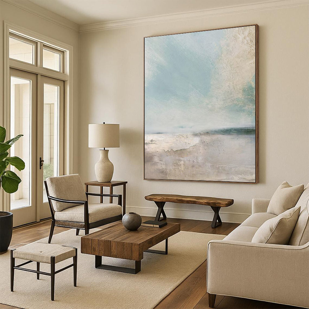 Hand Painted Art Blue, Beige, and White Textured Abstract Landscape HS710