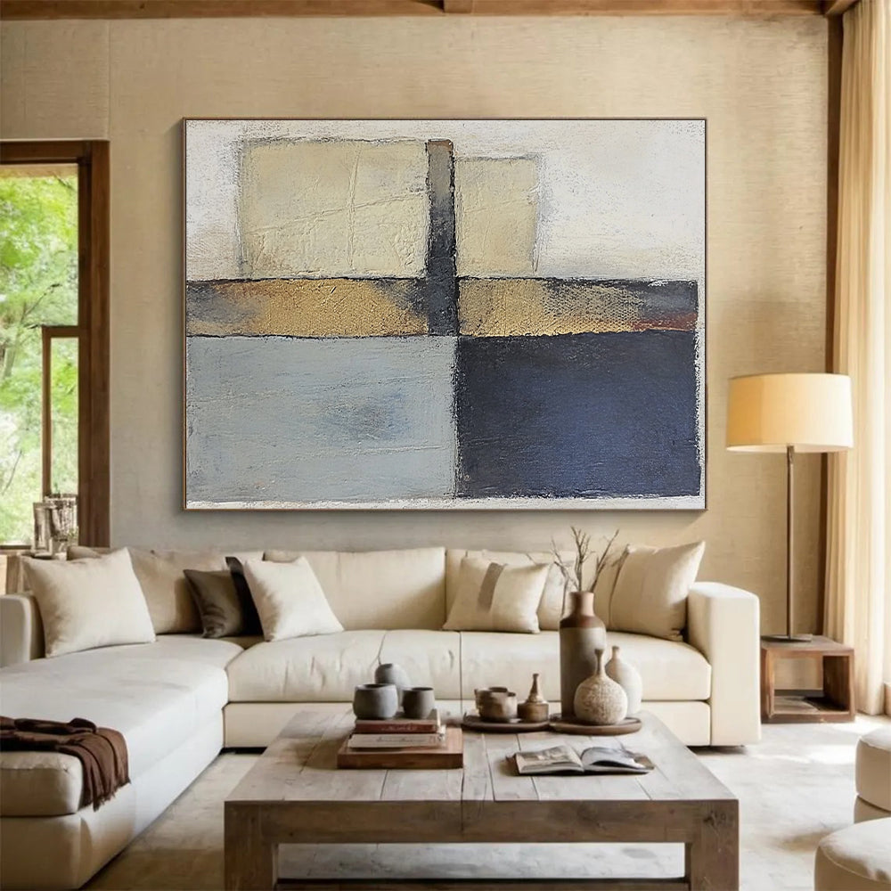 Modern Art Acrylic Beige, Black, and Gold Abstract Geometric Painting For Sale HS159