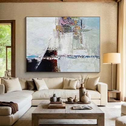 Unique Abstract Art White, Black & Pastel Multilayered, Acrylic Modern Art Painting HS214