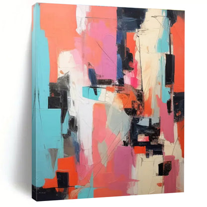 Hand-Painted Coral, Pink & Teal Geometric Abstract, Acrylic Modern Art Painting HS231