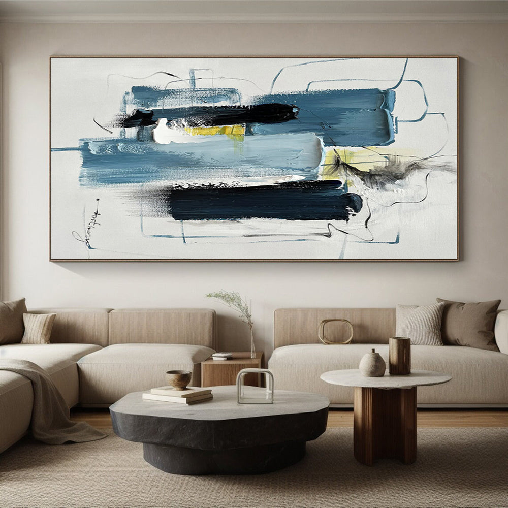 Large Contemporary Wall Art with Blue, Black, White and Yellow Colors, Abstract Urban Theme HS479
