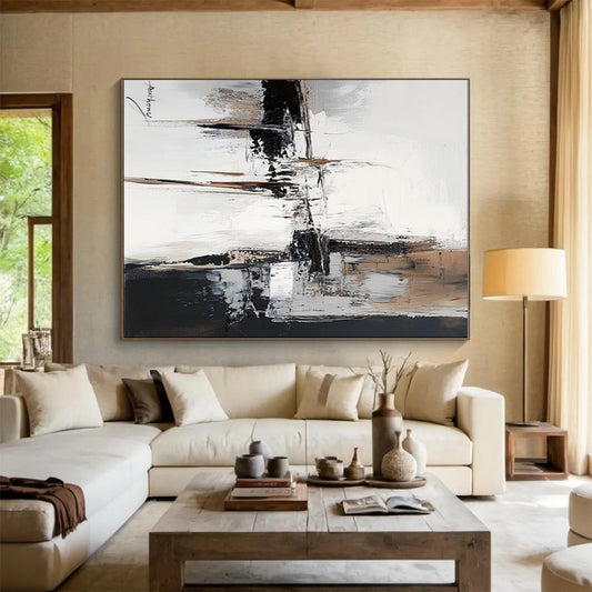 Acrylic Modern Art Paintings Beige, Black, and White Textured Abstract Painting On Canvas HS792