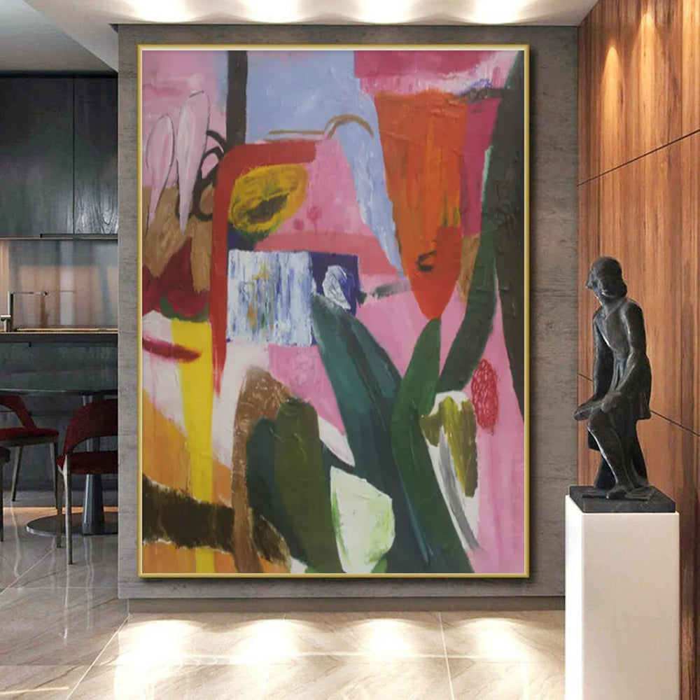 Cool Abstract Paintings Pink, Orange, and Green Dynamic Abstract Painting On Canvas HS775