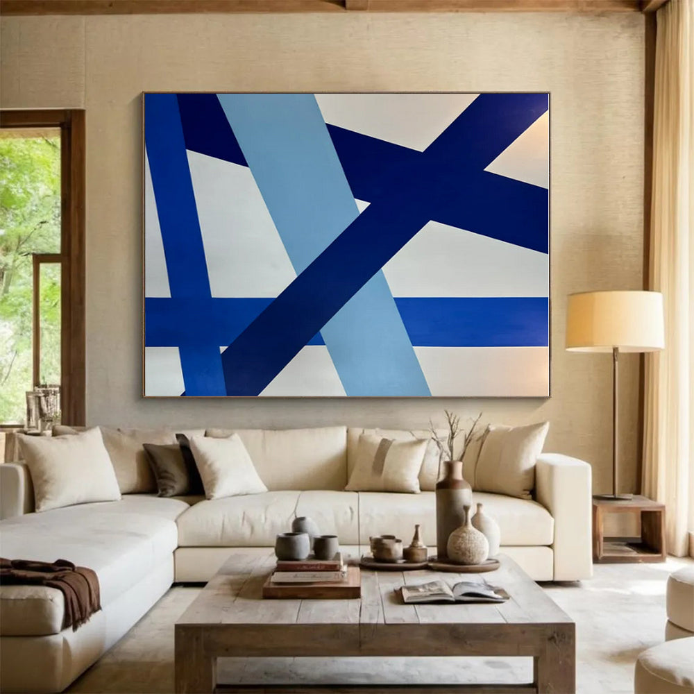 Modern Art Acrylic Blue and White Geometric Abstract Art HS642