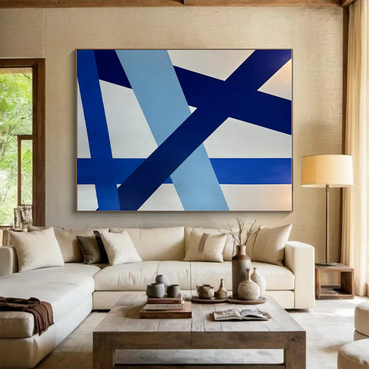 Modern Art Acrylic Blue and White Geometric Abstract Art HS642
