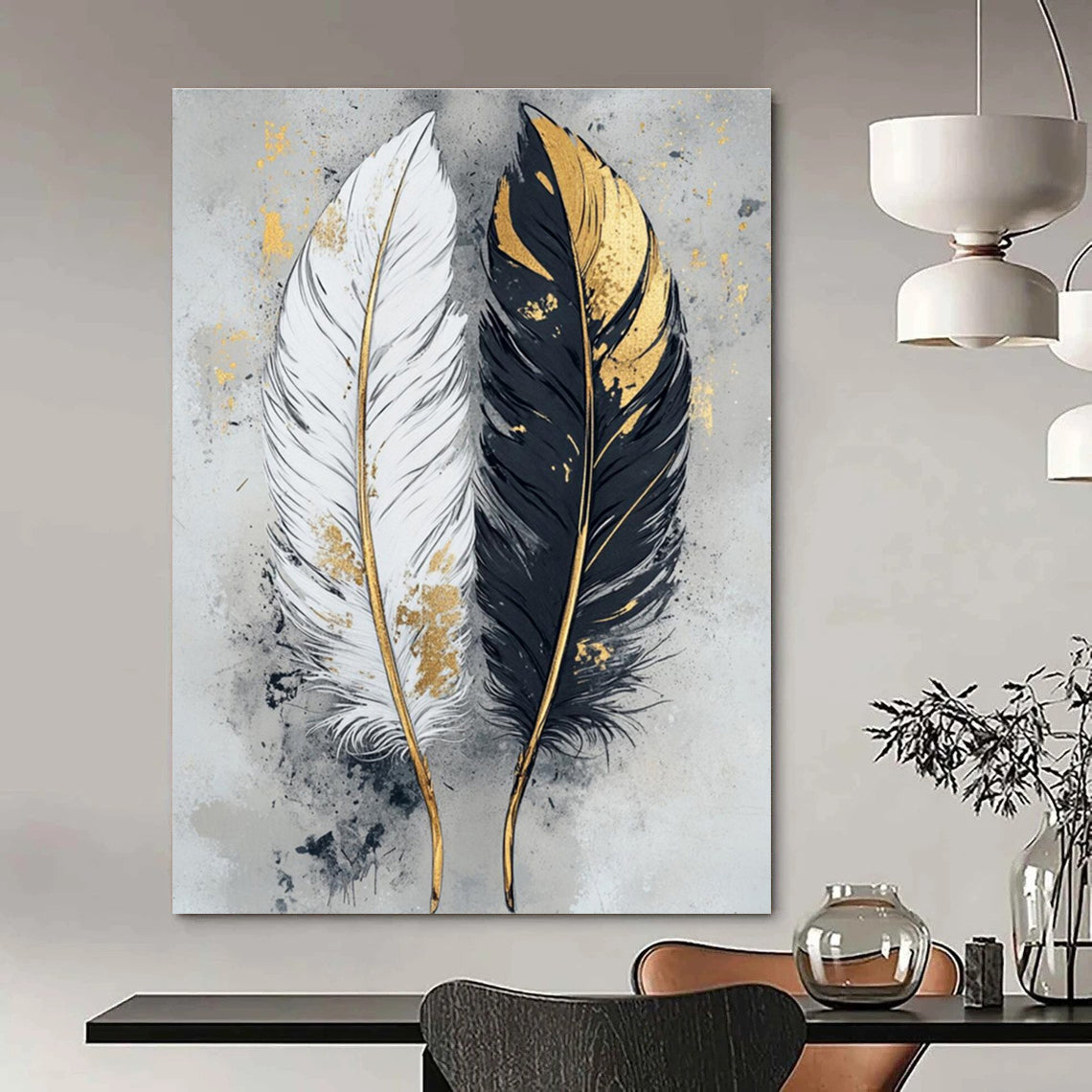 Black, White, and Gold Abstract Feather Painting For Sale WS499