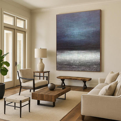 Unique Abstract Art Blue & Gray Textured Landscape, Large Contemporary Wall Art HS253