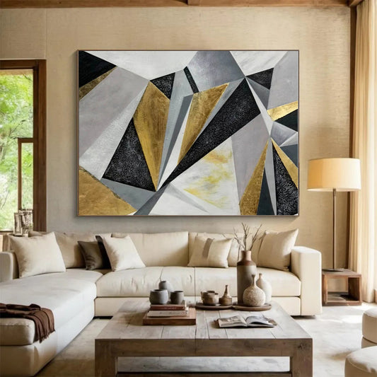 Modern Art Acrylic Gold, Gray & Black Geometric Abstract Art HS410