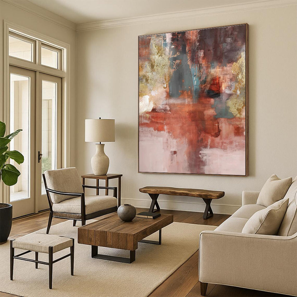 Large Contemporary Wall Art with Red, Gray, Gold, Beige - Unique Abstract Art for Living Room HS508