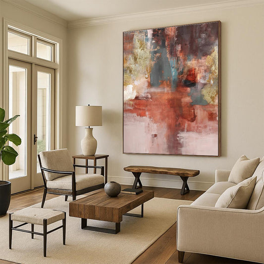 Large Contemporary Wall Art with Red, Gray, Gold, Beige - Unique Abstract Art for Living Room HS508