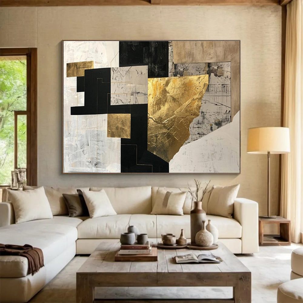Black, White, Gold Abstract Geometric Art For Sale WB396