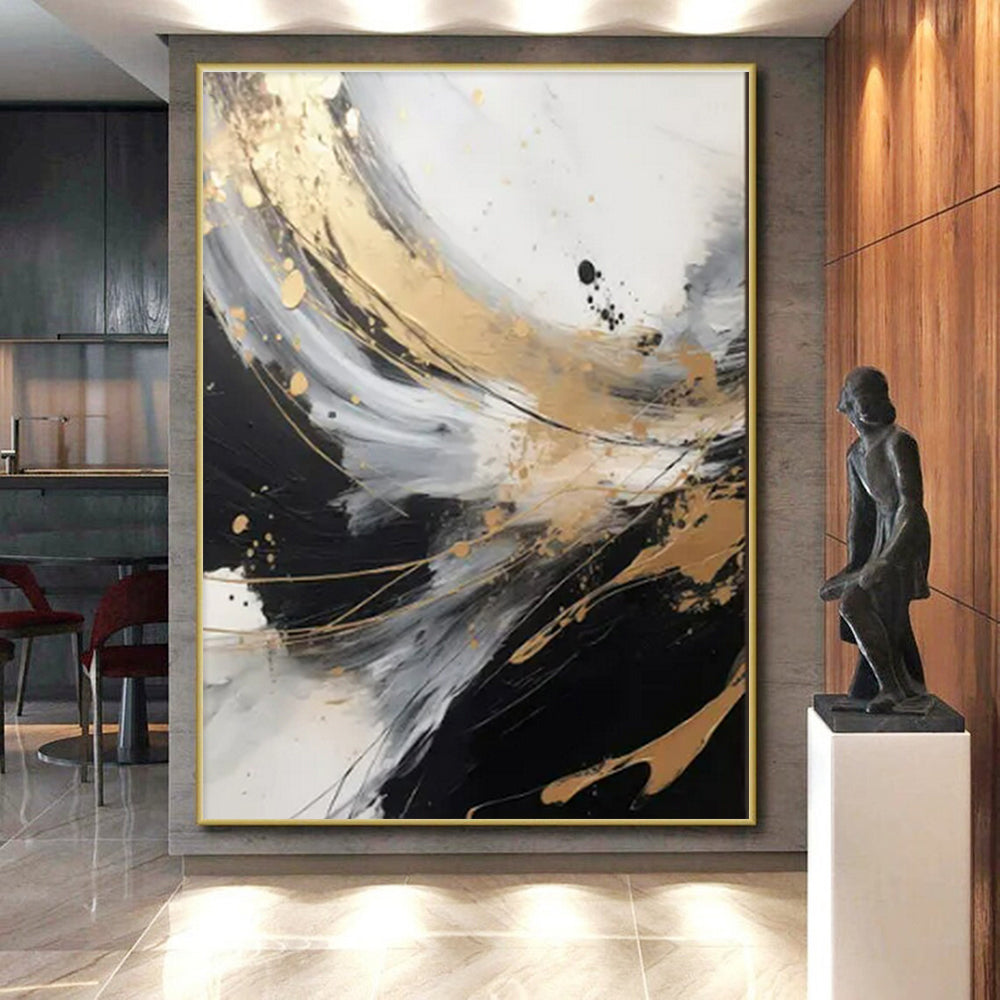 Cool Abstract Paintings Black, White, Gold, and Gray Dynamic Abstract Art HS594