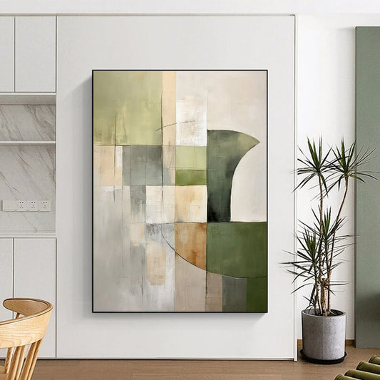 Acrylic Modern Art Paintings Green, Beige, and Gray Geometric Abstract Painting On Canvas HS780