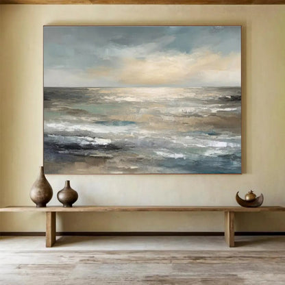 Hand Paintings: Blue Grey and Beige Coastal Sunset Abstract Painting WB350