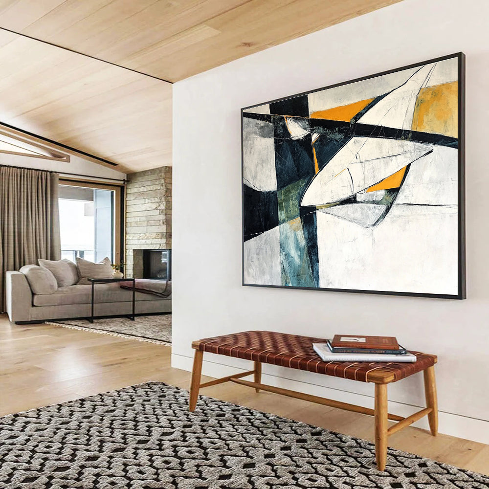 Modern Art Abstract Paintings with Black, White, Orange and Teal Colors, Geometric Abstract Theme WB312