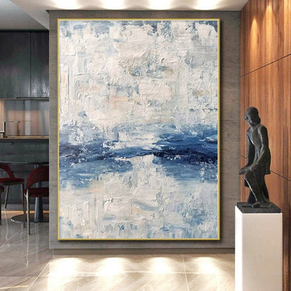 Hand Painted Art Blue and White Abstract Textured Seaside Painting For Sale HS093