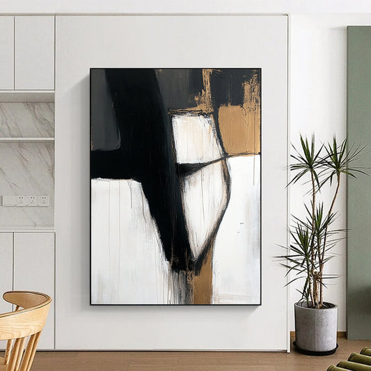 Acrylic Modern Art Paintings Black, White, and Gold Abstract Shape Painting For Sale HS154