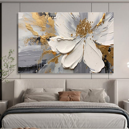 White, Gray, Gold Abstract Floral Art For Sale WB394