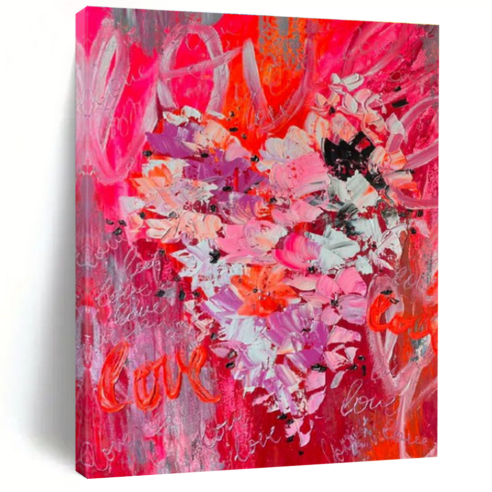 Unique Abstract Art Red, Pink, and Gray Floral Abstract Art with “Love” Accents HS719