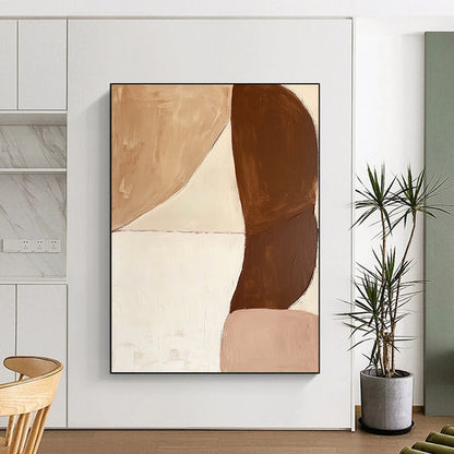 Hand-Painted Beige and Brown Abstract Shape Painting For Sale HS129