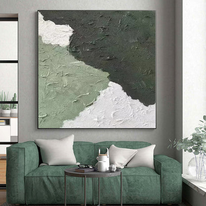 Hand-Painted Green and White Textured Abstract Shape Painting For Sale HS063