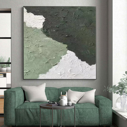 Hand-Painted Green and White Textured Abstract Shape Painting For Sale HS063