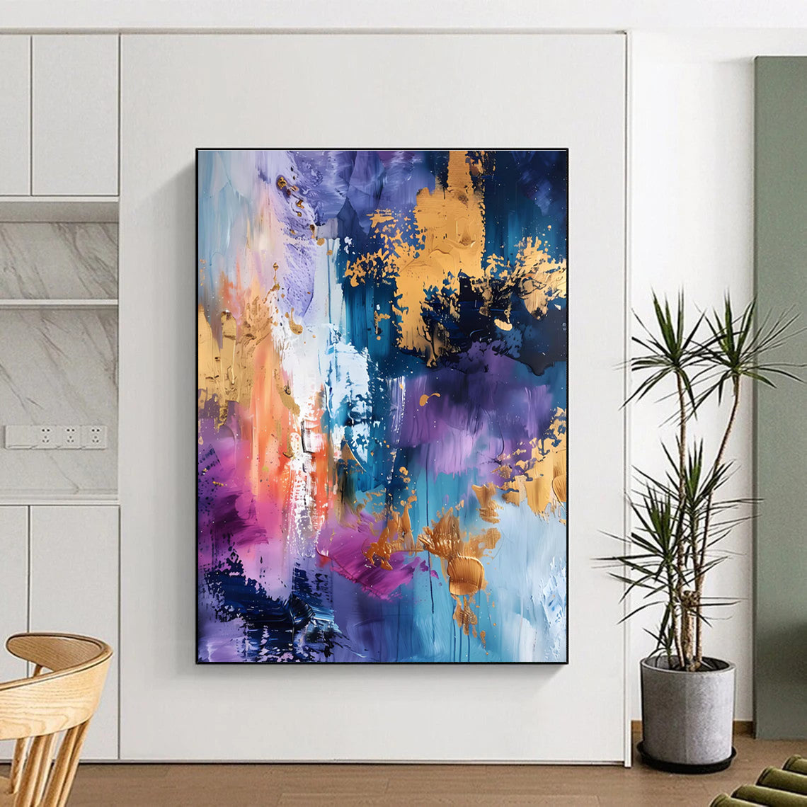 Gaint Canvas Art Purple, Gold & Blue Splatter Abstract, Oversized Abstract Wall Art HS255