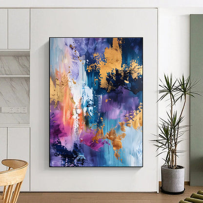 Gaint Canvas Art Purple, Gold & Blue Splatter Abstract, Oversized Abstract Wall Art HS255
