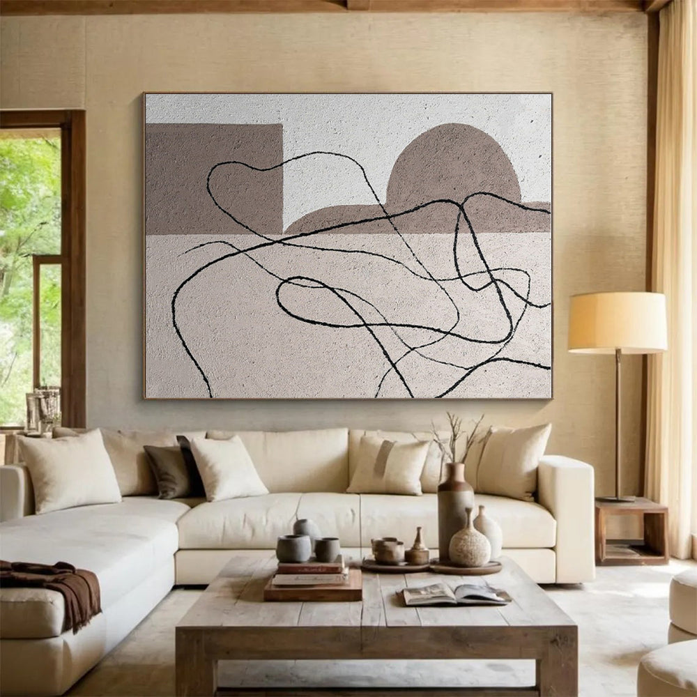 Cool Abstract Paintings Neutral Tones with Black Linear Abstract Art HS676