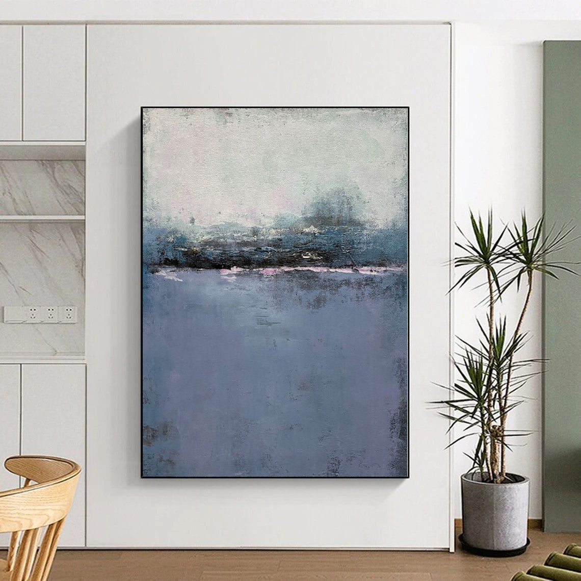 Hand-Painted Blue and Gray Abstract Misty Landscape Painting For Sale HS051
