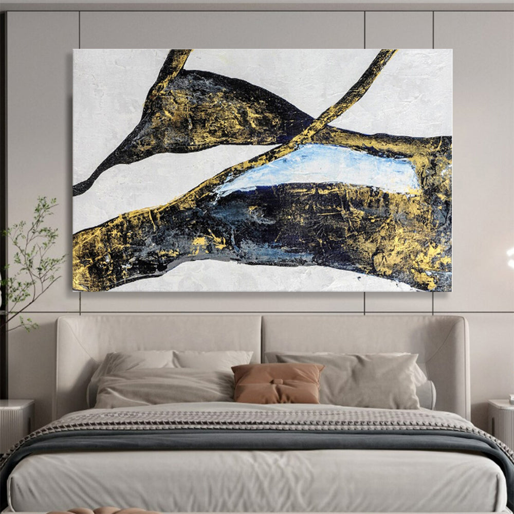 Black, Gold, Blue Abstract Shapes Painting, Abstract Acrylic Art WB009