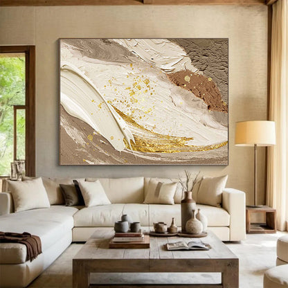 Handmade Art Beige, Gold, and Brown Abstract Textured Painting For Sale HS072
